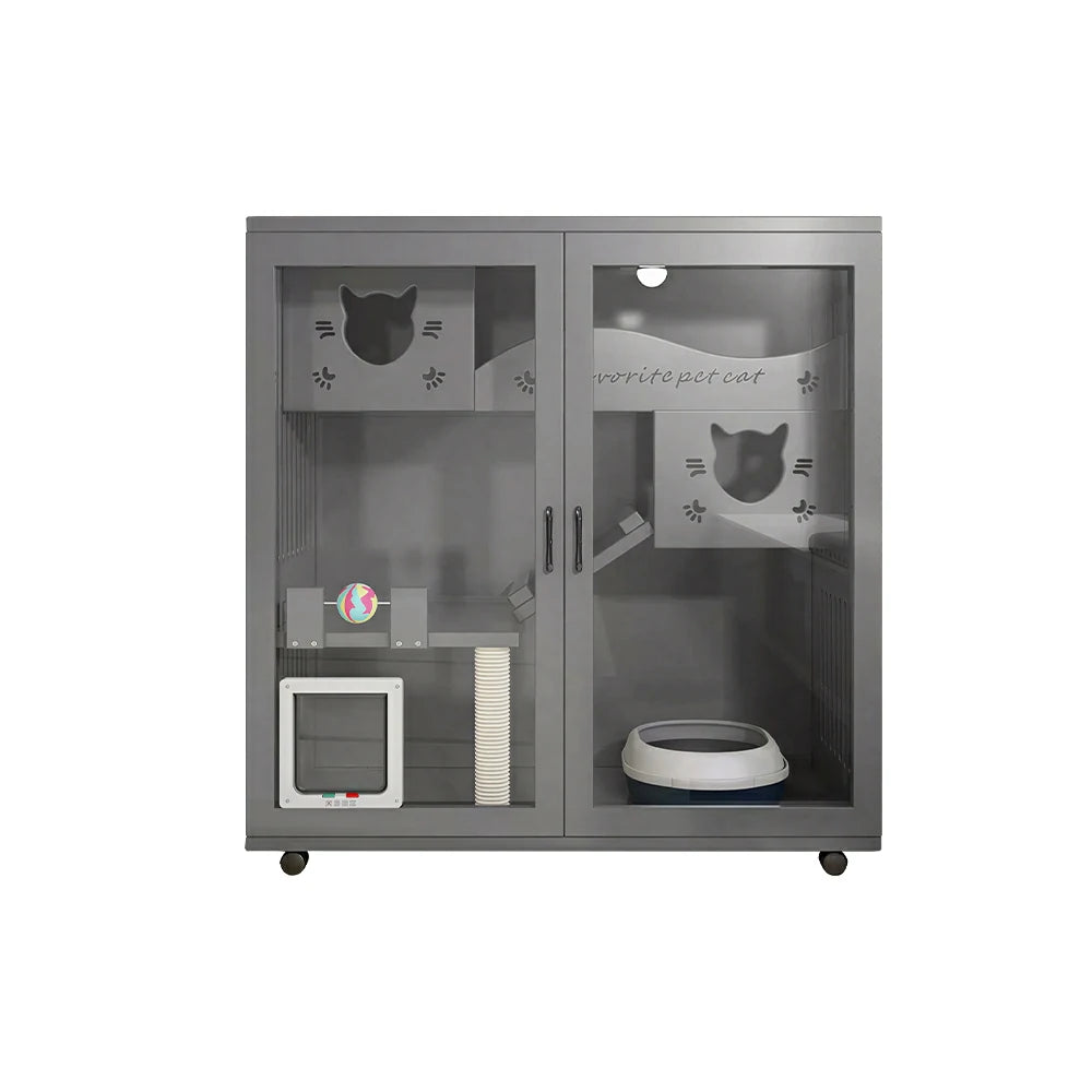 PAWORA Multi-Level Cat Cabinet with Ventilated Transparent Doors 120x60x120cm For Living Room Balcony Pet Room - Grey