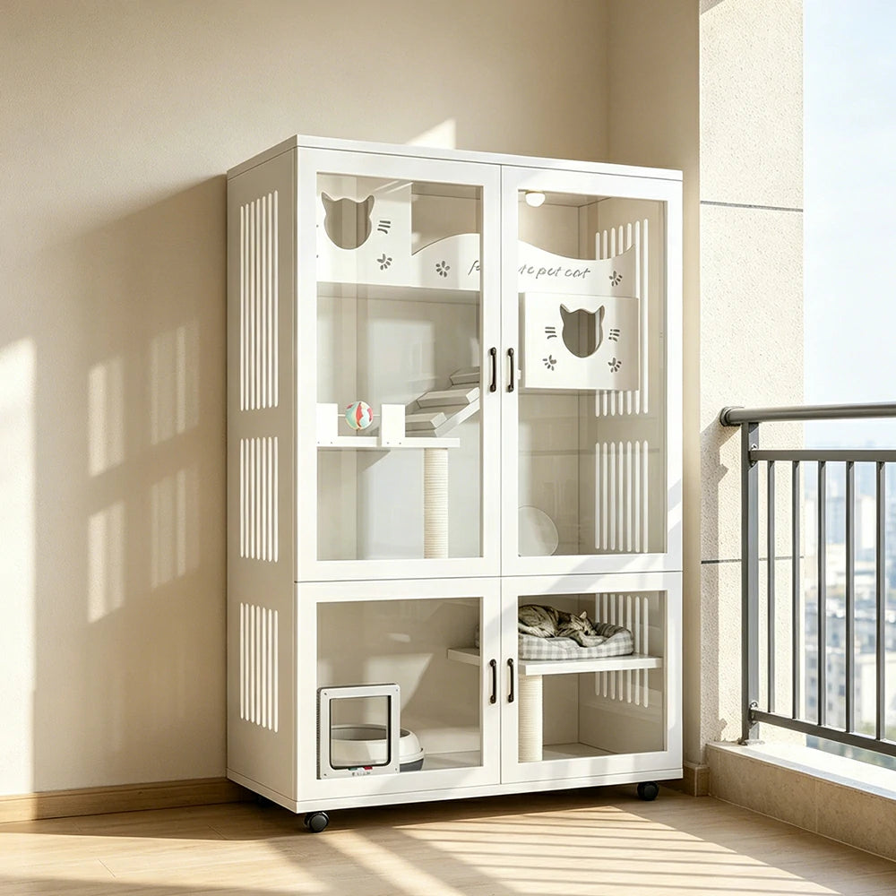 PAWORA Multi-Level Cat Cabinet with Ventilated Transparent Doors 120x60x180cm For Living Room Balcony Pet Room - White