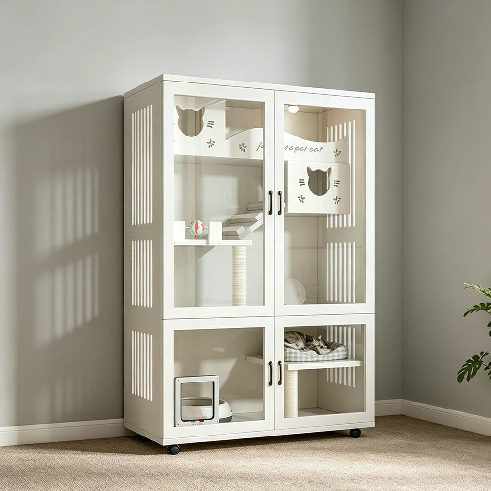 PAWORA Multi-Level Cat Cabinet with Ventilated Transparent Doors 120x60x180cm For Living Room Balcony Pet Room - White