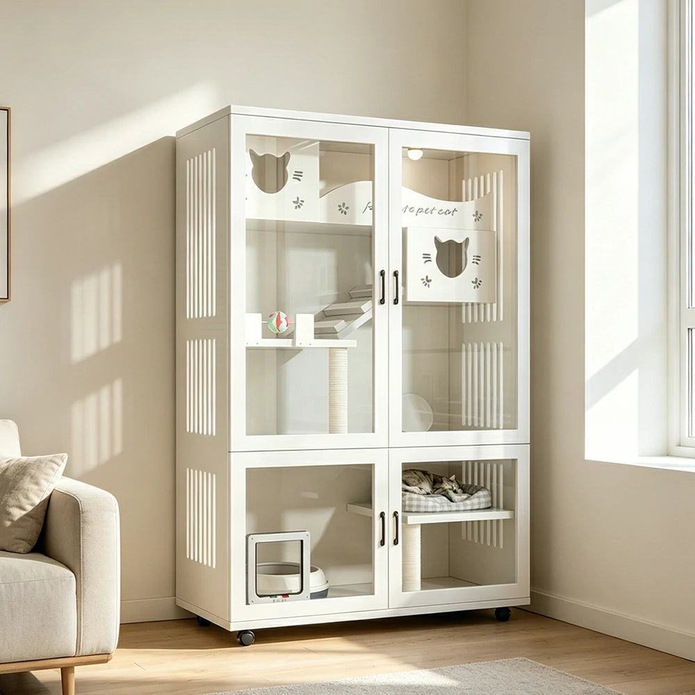 PAWORA Multi-Level Cat Cabinet with Ventilated Transparent Doors 120x60x180cm For Living Room Balcony Pet Room - White