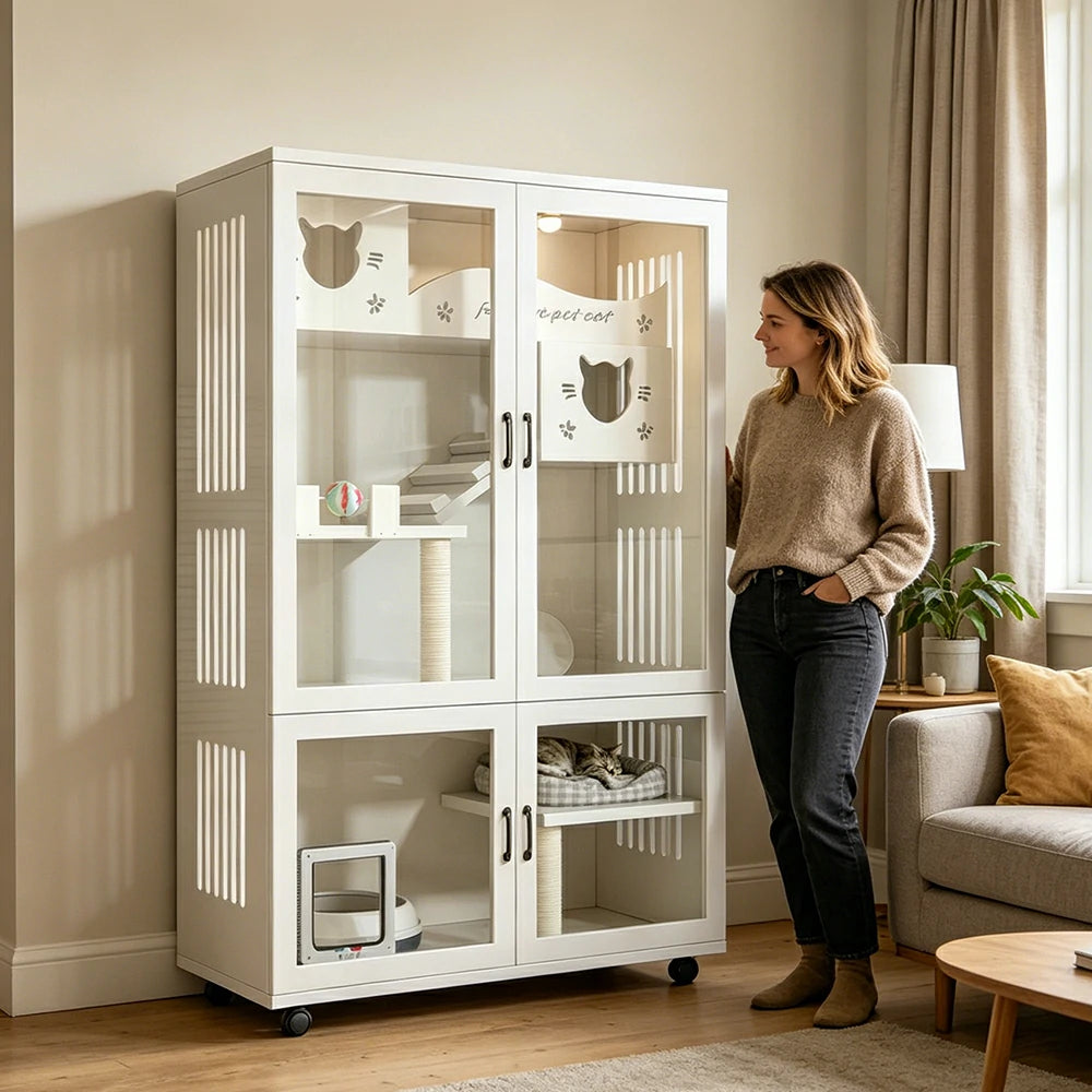 PAWORA Multi-Level Cat Cabinet with Ventilated Transparent Doors 120x60x180cm For Living Room Balcony Pet Room - White
