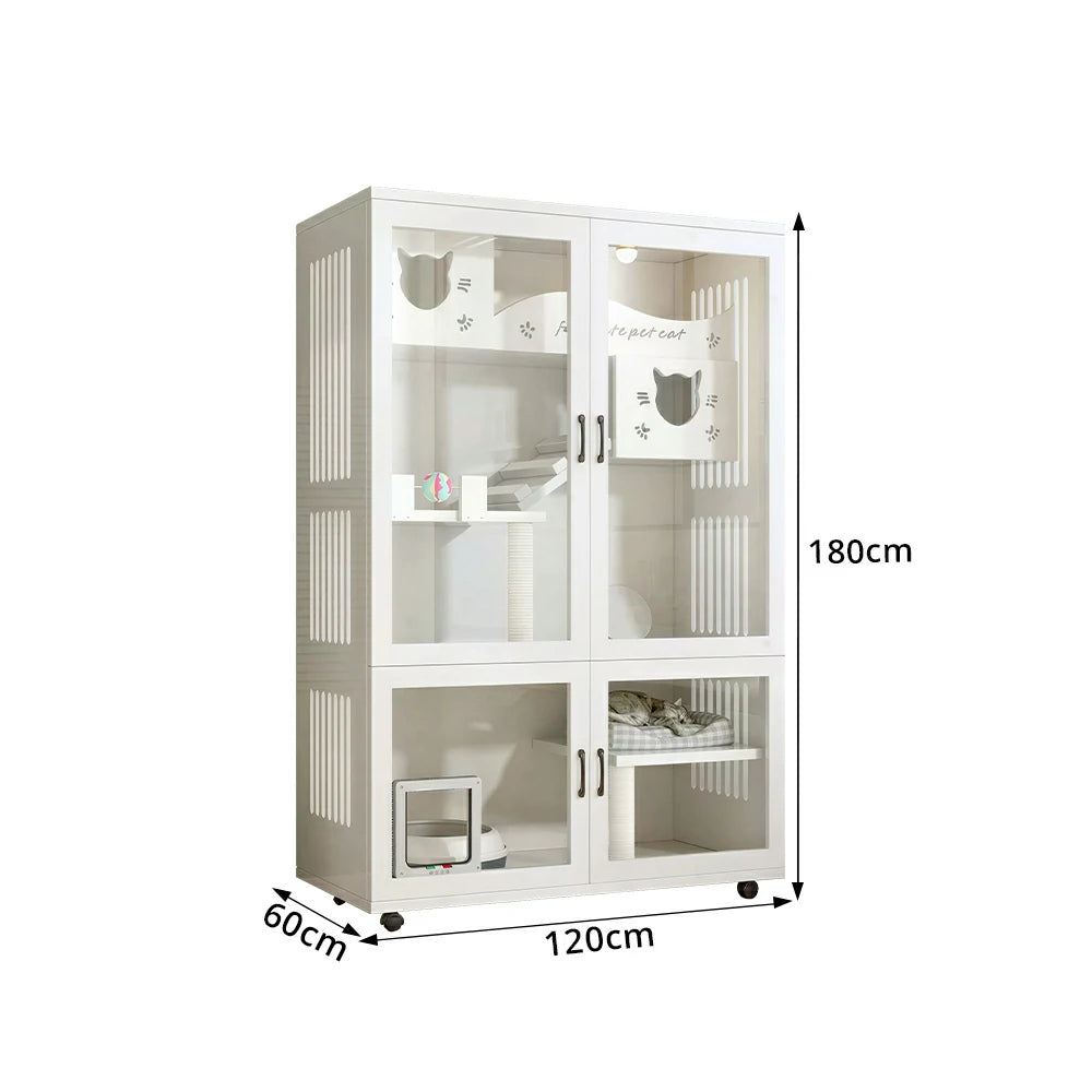 PAWORA Multi-Level Cat Cabinet with Ventilated Transparent Doors 120x60x180cm For Living Room Balcony Pet Room - White