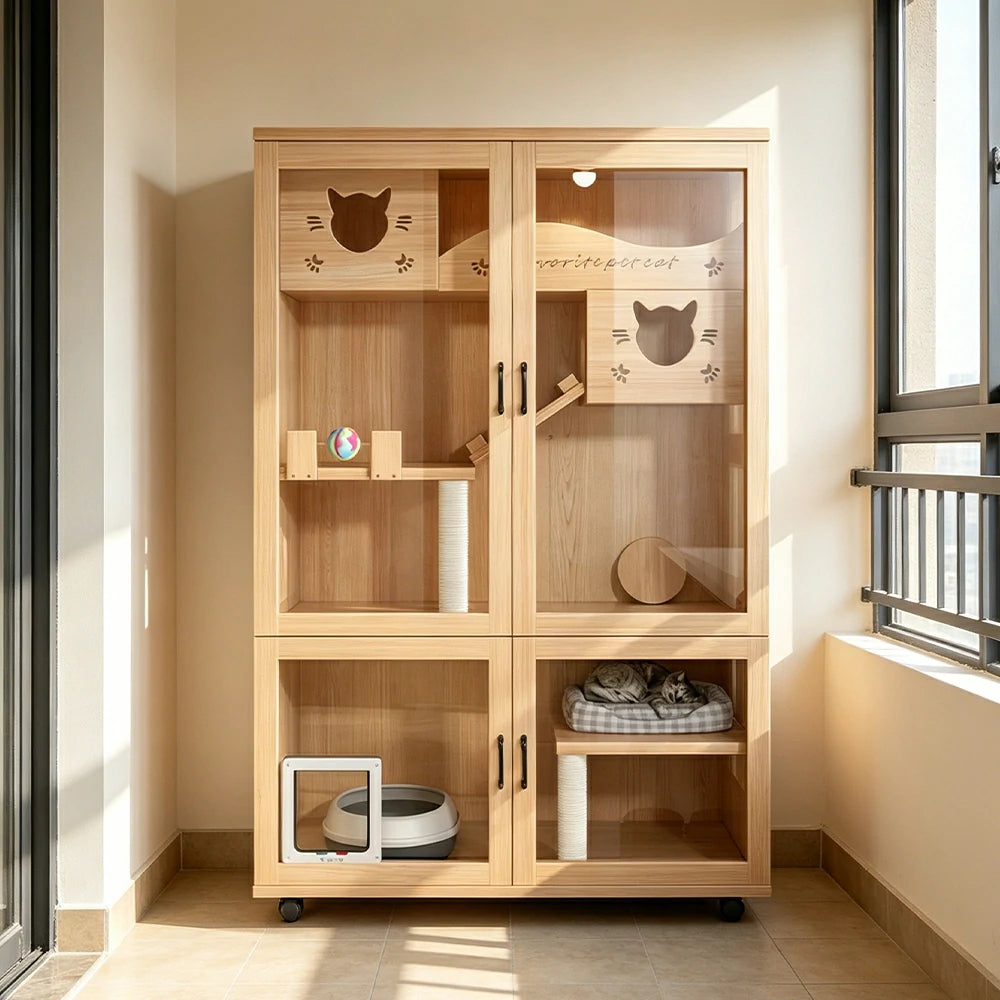 PAWORA Multi-Level Cat Cabinet with Ventilated Transparent Doors 120x60x180cm For Living Room Balcony Pet Room - Wood