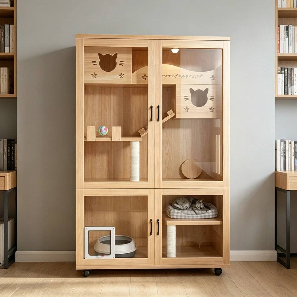 PAWORA Multi-Level Cat Cabinet with Ventilated Transparent Doors 120x60x180cm For Living Room Balcony Pet Room - Wood