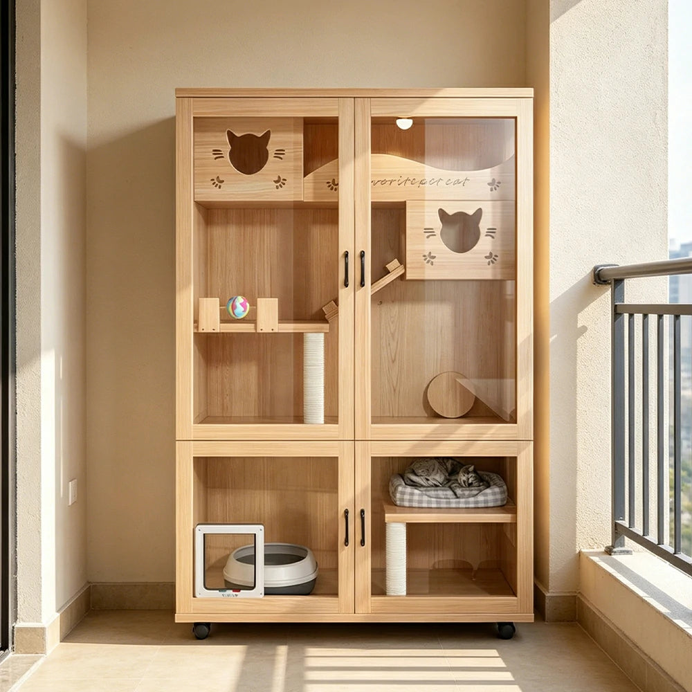 PAWORA Multi-Level Cat Cabinet with Ventilated Transparent Doors 120x60x180cm For Living Room Balcony Pet Room - Wood