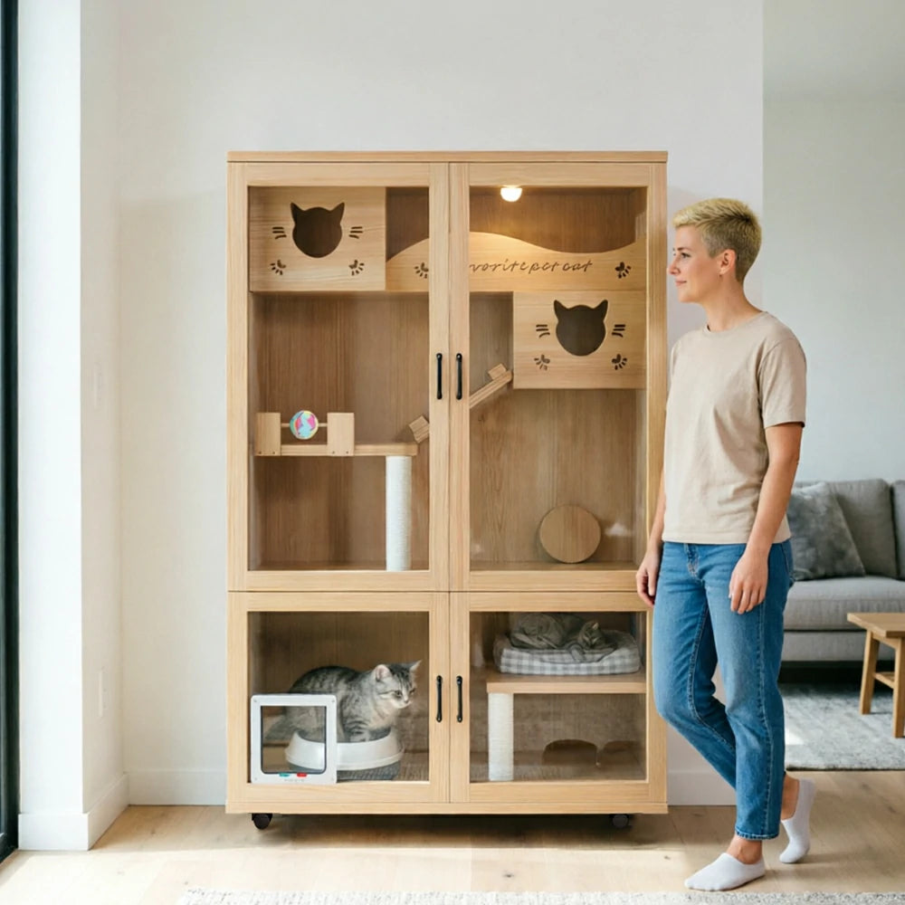 PAWORA Multi-Level Cat Cabinet with Ventilated Transparent Doors 120x60x180cm For Living Room Balcony Pet Room - Wood