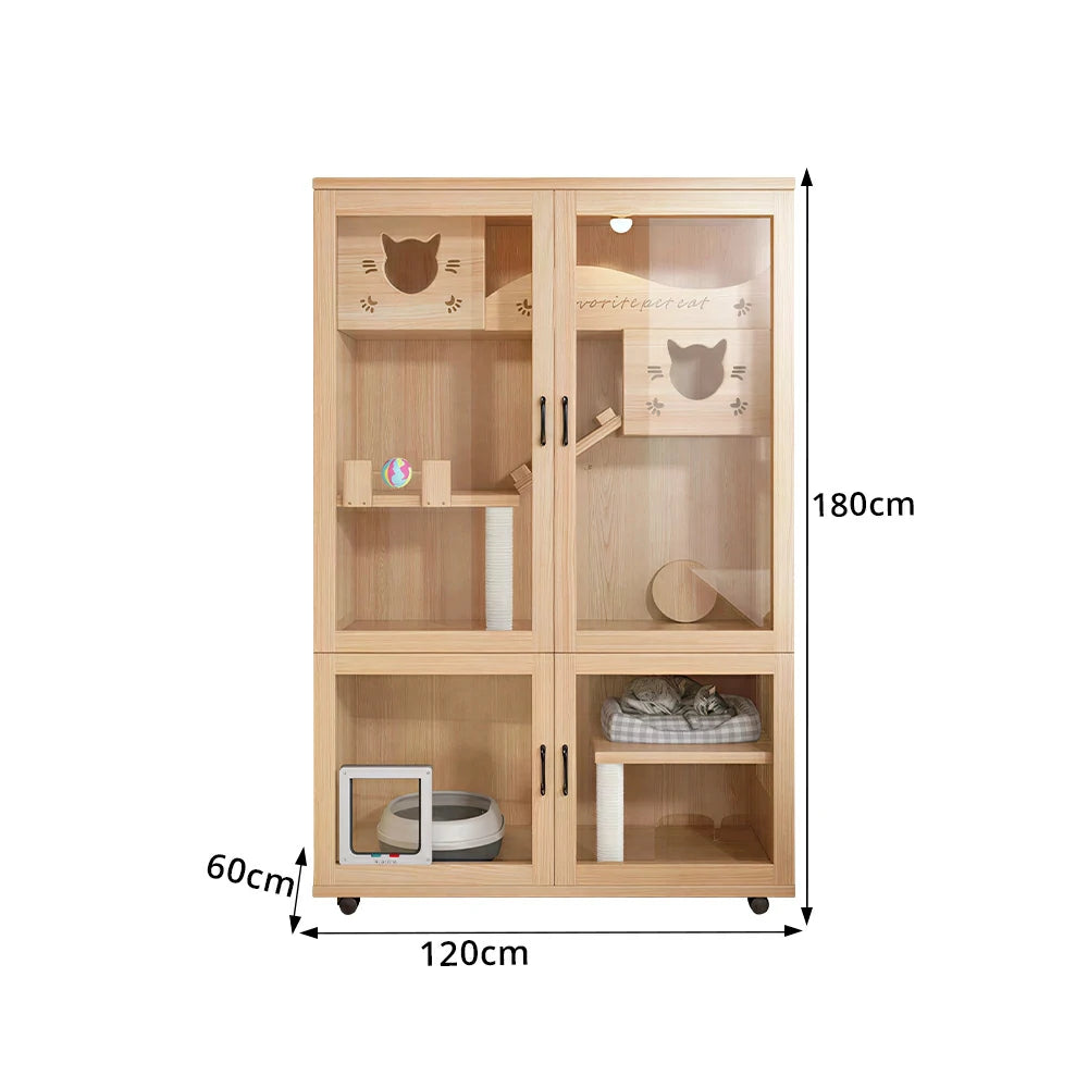 PAWORA Multi-Level Cat Cabinet with Ventilated Transparent Doors 120x60x180cm For Living Room Balcony Pet Room - Wood