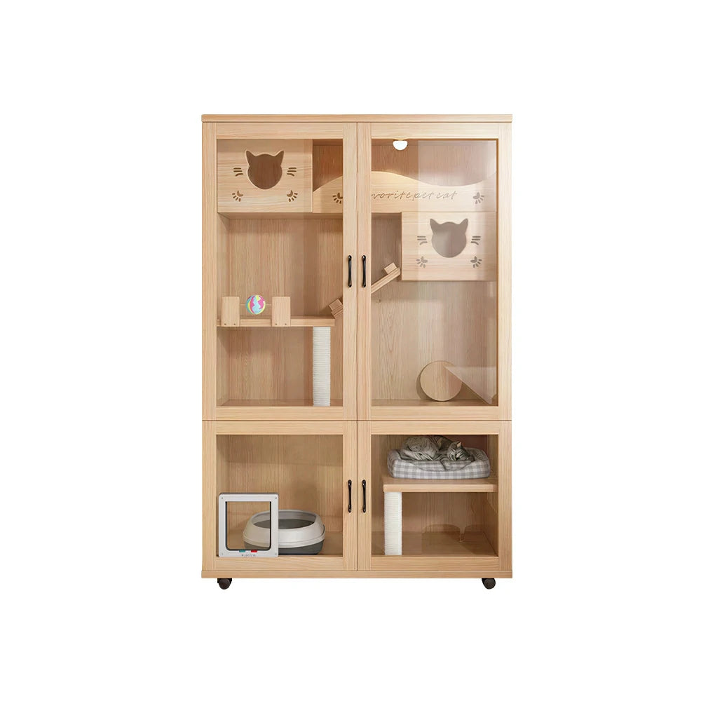 PAWORA Multi-Level Cat Cabinet with Ventilated Transparent Doors 120x60x180cm For Living Room Balcony Pet Room - Wood
