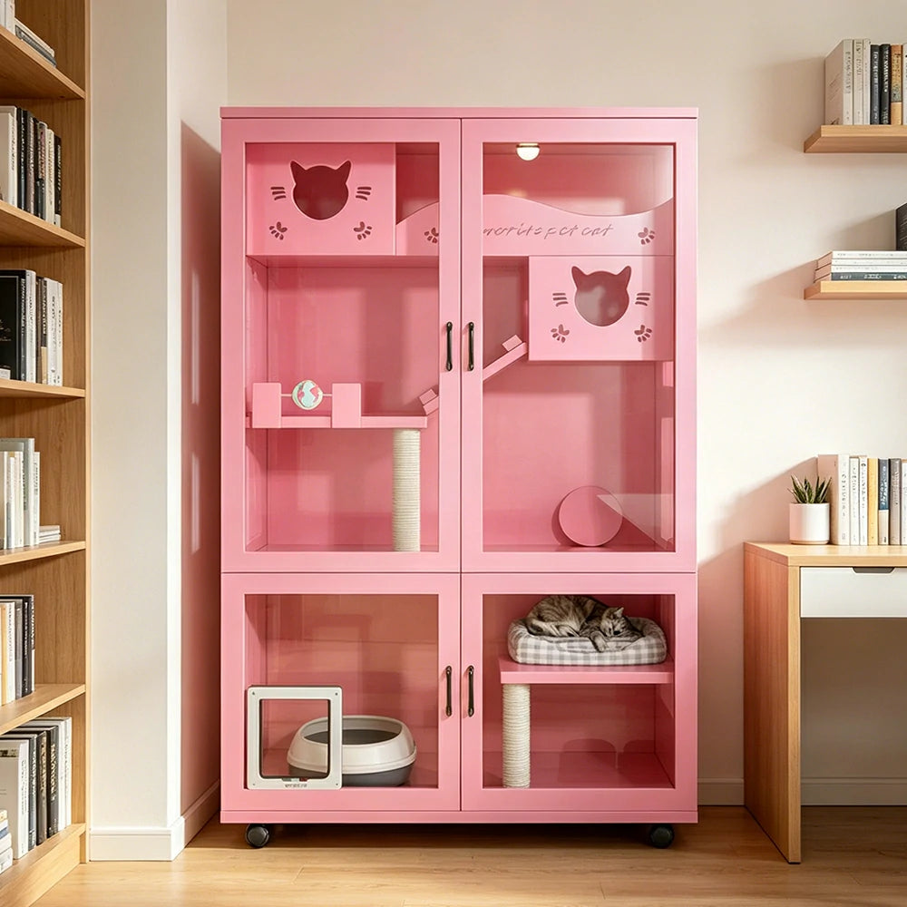 PAWORA Multi-Level Cat Cabinet with Ventilated Transparent Doors 120x60x180cm For Living Room Balcony Pet Room - Pink