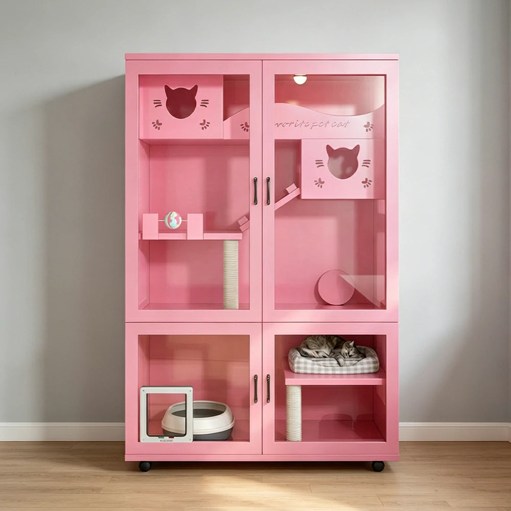 PAWORA Multi-Level Cat Cabinet with Ventilated Transparent Doors 120x60x180cm For Living Room Balcony Pet Room - Pink
