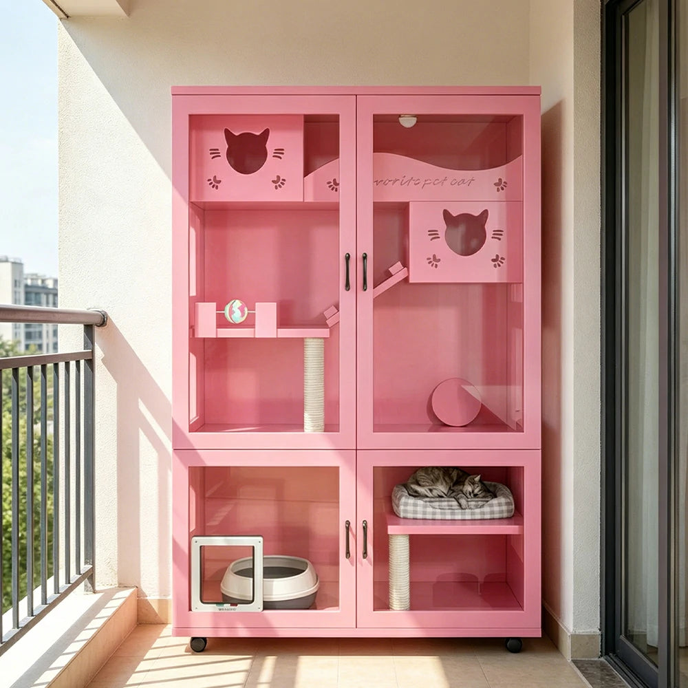 PAWORA Multi-Level Cat Cabinet with Ventilated Transparent Doors 120x60x180cm For Living Room Balcony Pet Room - Pink