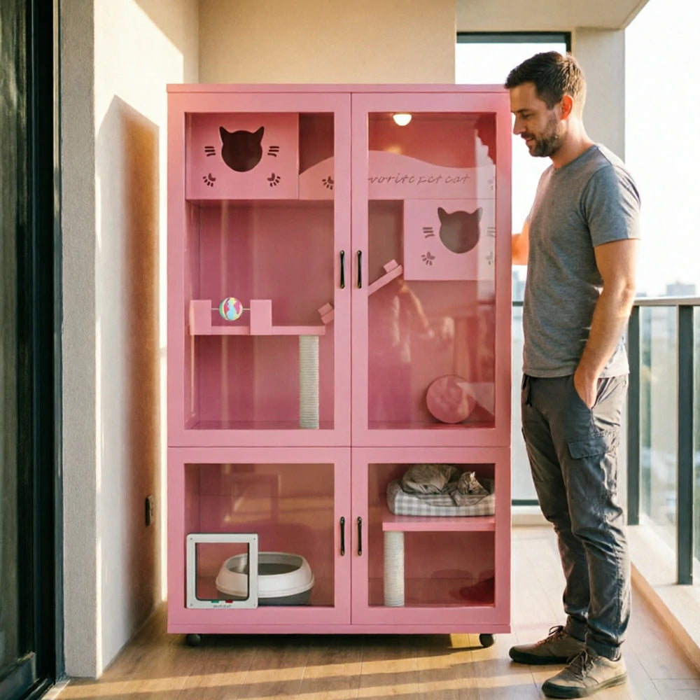 PAWORA Multi-Level Cat Cabinet with Ventilated Transparent Doors 120x60x180cm For Living Room Balcony Pet Room - Pink