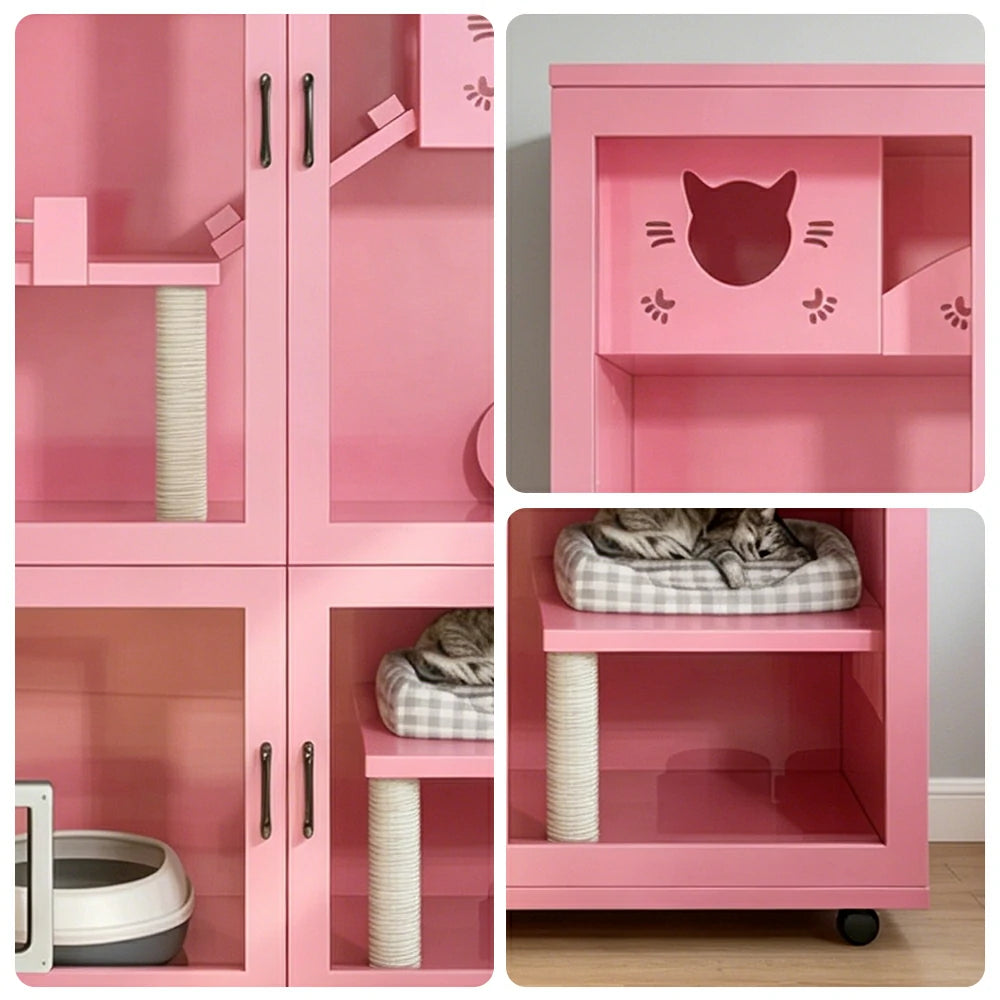 PAWORA Multi-Level Cat Cabinet with Ventilated Transparent Doors 120x60x180cm For Living Room Balcony Pet Room - Pink