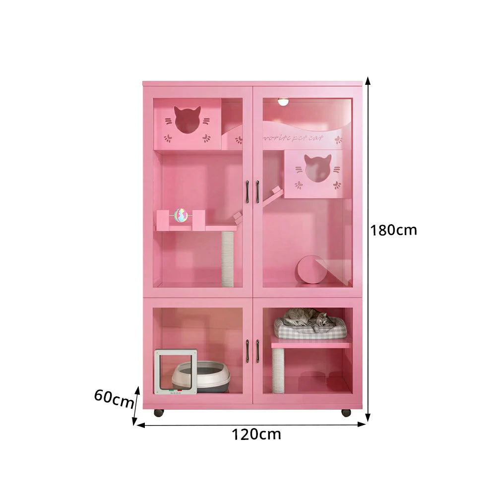 PAWORA Multi-Level Cat Cabinet with Ventilated Transparent Doors 120x60x180cm For Living Room Balcony Pet Room - Pink
