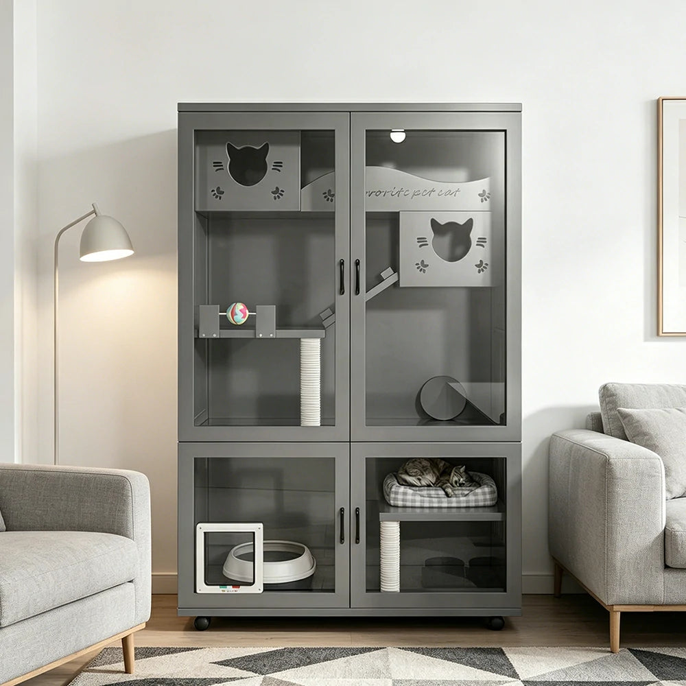 PAWORA Multi-Level Cat Cabinet with Ventilated Transparent Doors 120x60x180cm For Living Room Balcony Pet Room - Grey