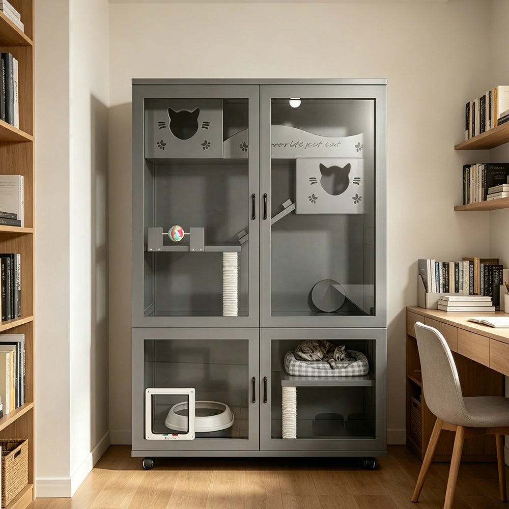 PAWORA Multi-Level Cat Cabinet with Ventilated Transparent Doors 120x60x180cm For Living Room Balcony Pet Room - Grey