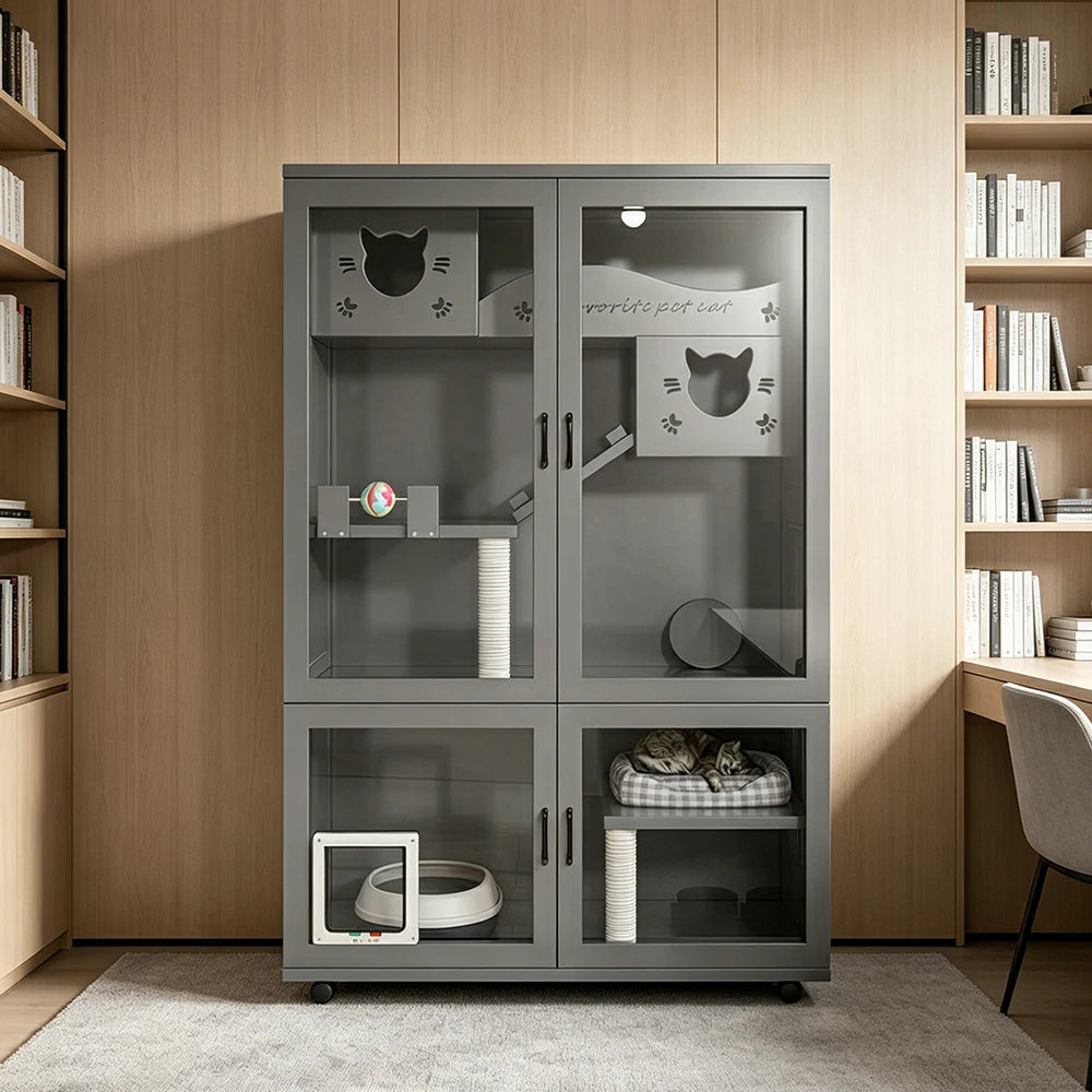 PAWORA Multi-Level Cat Cabinet with Ventilated Transparent Doors 120x60x180cm For Living Room Balcony Pet Room - Grey