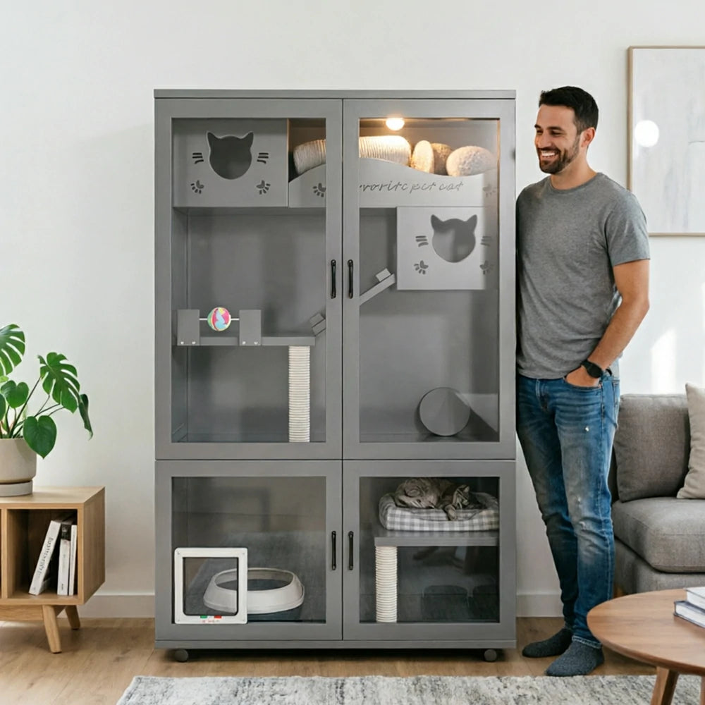 PAWORA Multi-Level Cat Cabinet with Ventilated Transparent Doors 120x60x180cm For Living Room Balcony Pet Room - Grey