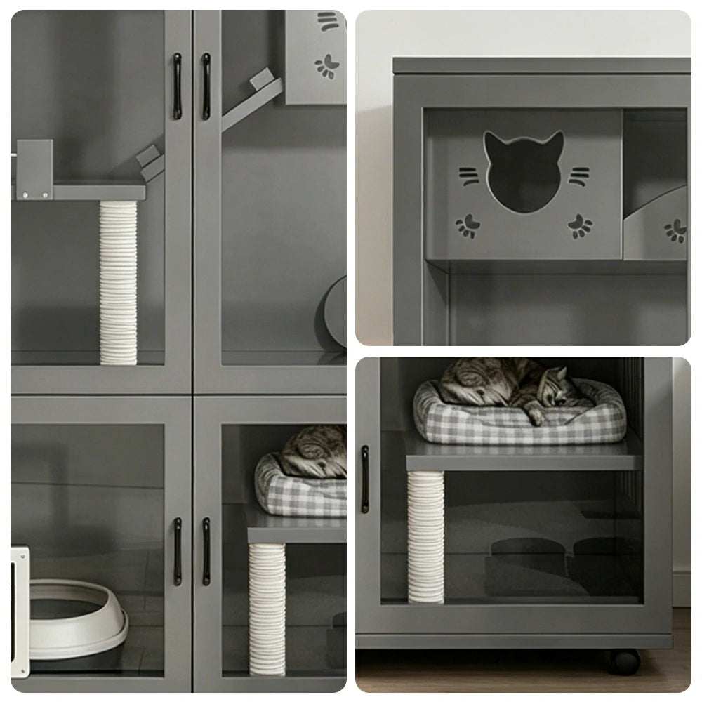 PAWORA Multi-Level Cat Cabinet with Ventilated Transparent Doors 120x60x180cm For Living Room Balcony Pet Room - Grey