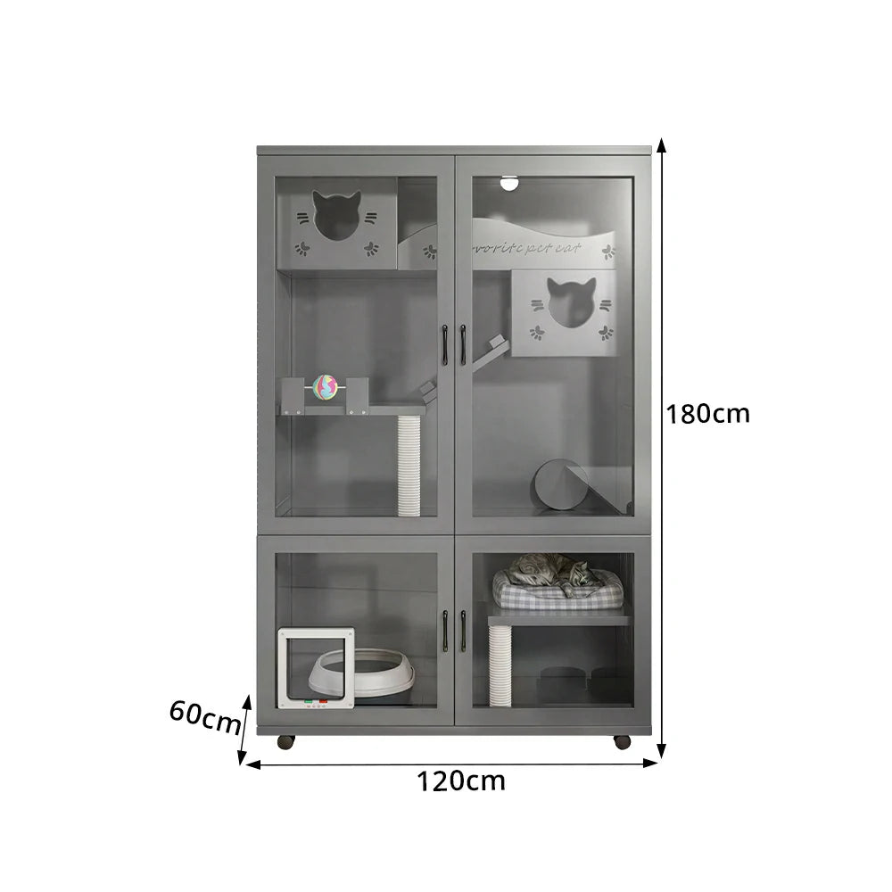 PAWORA Multi-Level Cat Cabinet with Ventilated Transparent Doors 120x60x180cm For Living Room Balcony Pet Room - Grey