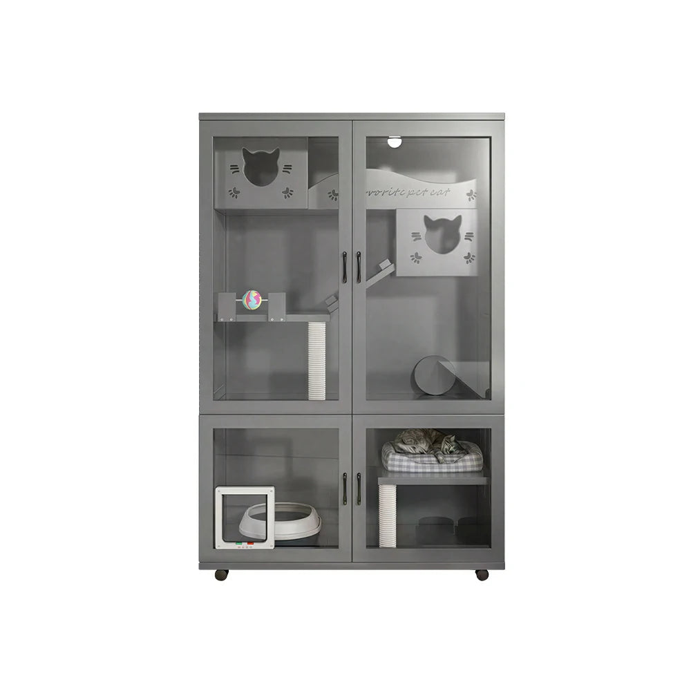 PAWORA Multi-Level Cat Cabinet with Ventilated Transparent Doors 120x60x180cm For Living Room Balcony Pet Room - Grey