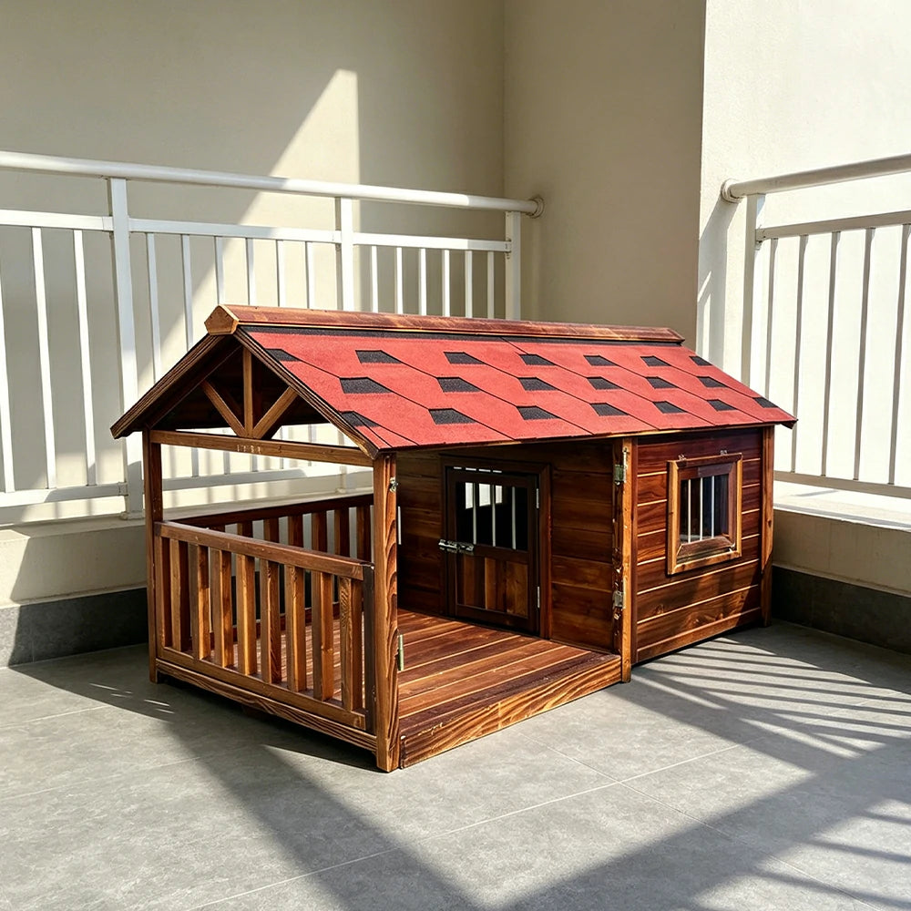 PAWORA Outdoor Pet Villa Spacious Carbonized Wood & Weather-Resistant Roof L/2XL/4XL for Yard Balcony Terrace