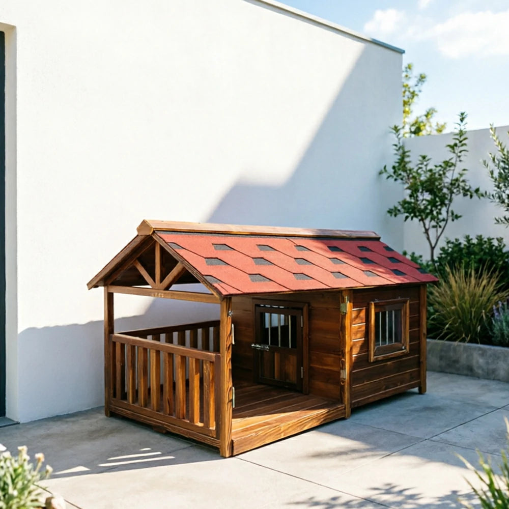 PAWORA Outdoor Pet Villa Spacious Carbonized Wood & Weather-Resistant Roof L/2XL/4XL for Yard Balcony Terrace