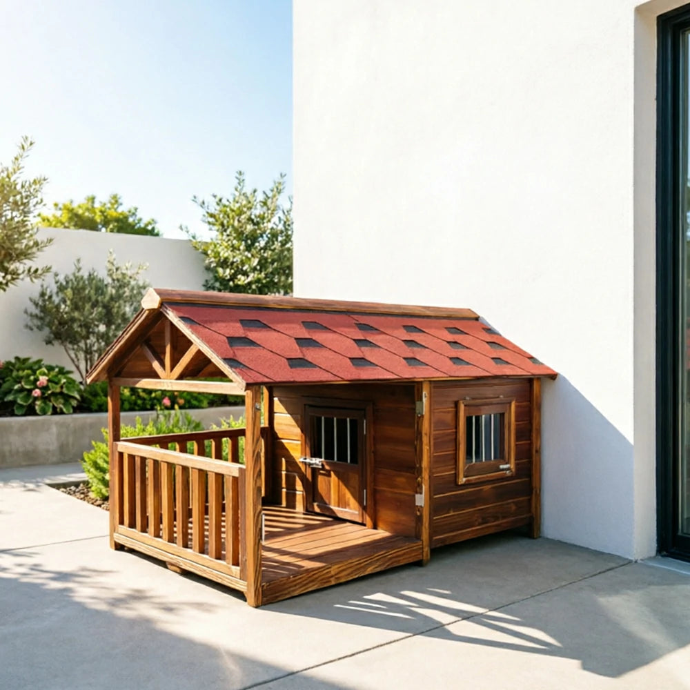 PAWORA Outdoor Pet Villa Spacious Carbonized Wood & Weather-Resistant Roof L/2XL/4XL for Yard Balcony Terrace