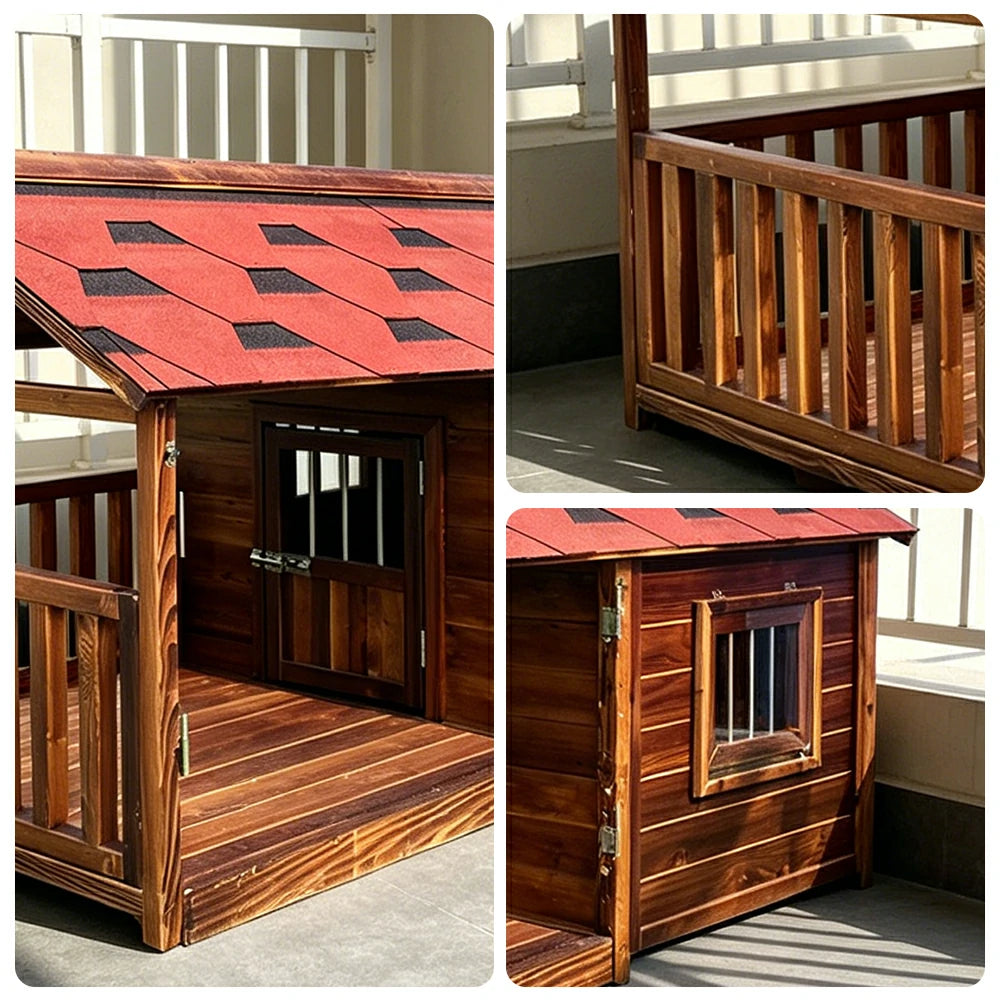 PAWORA Outdoor Pet Villa Spacious Carbonized Wood & Weather-Resistant Roof L/2XL/4XL for Yard Balcony Terrace