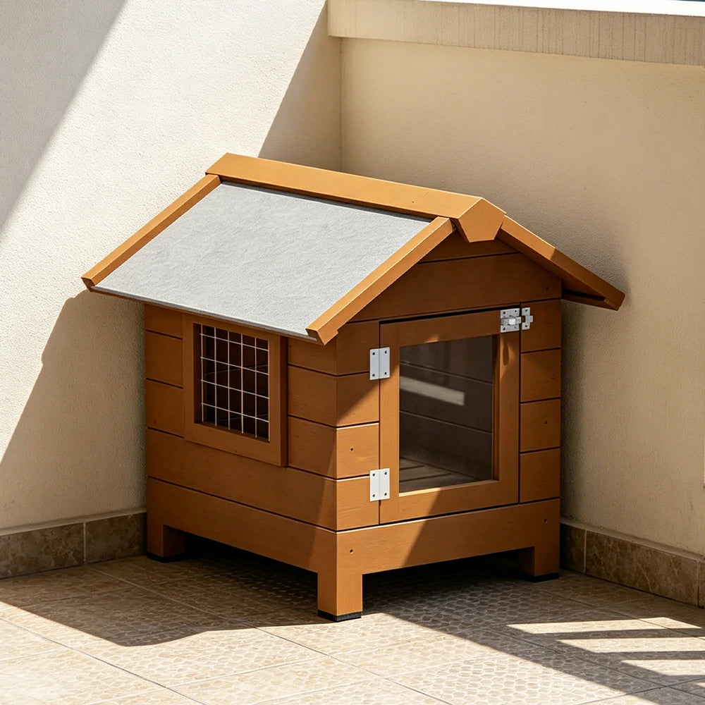 PAWORA Outdoor Wooden Pet House Solid Wood Waterproof Roof Elevated Base for Small Dogs Cats Garden Balcony - Coffee