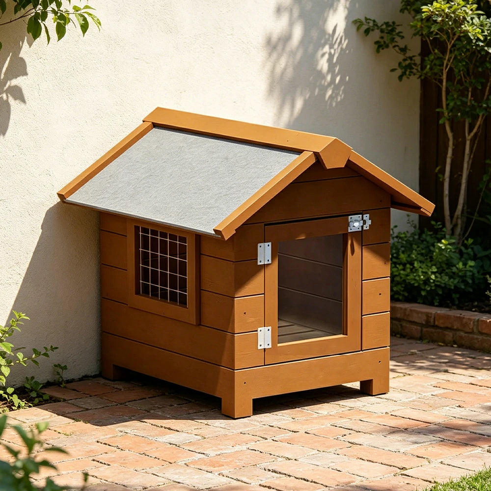 PAWORA Outdoor Wooden Pet House Solid Wood Waterproof Roof Elevated Base for Small Dogs Cats Garden Balcony - Coffee