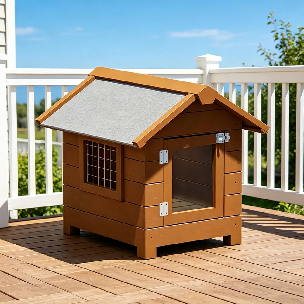 PAWORA Outdoor Wooden Pet House Solid Wood Waterproof Roof Elevated Base for Small Dogs Cats Garden Balcony - Coffee