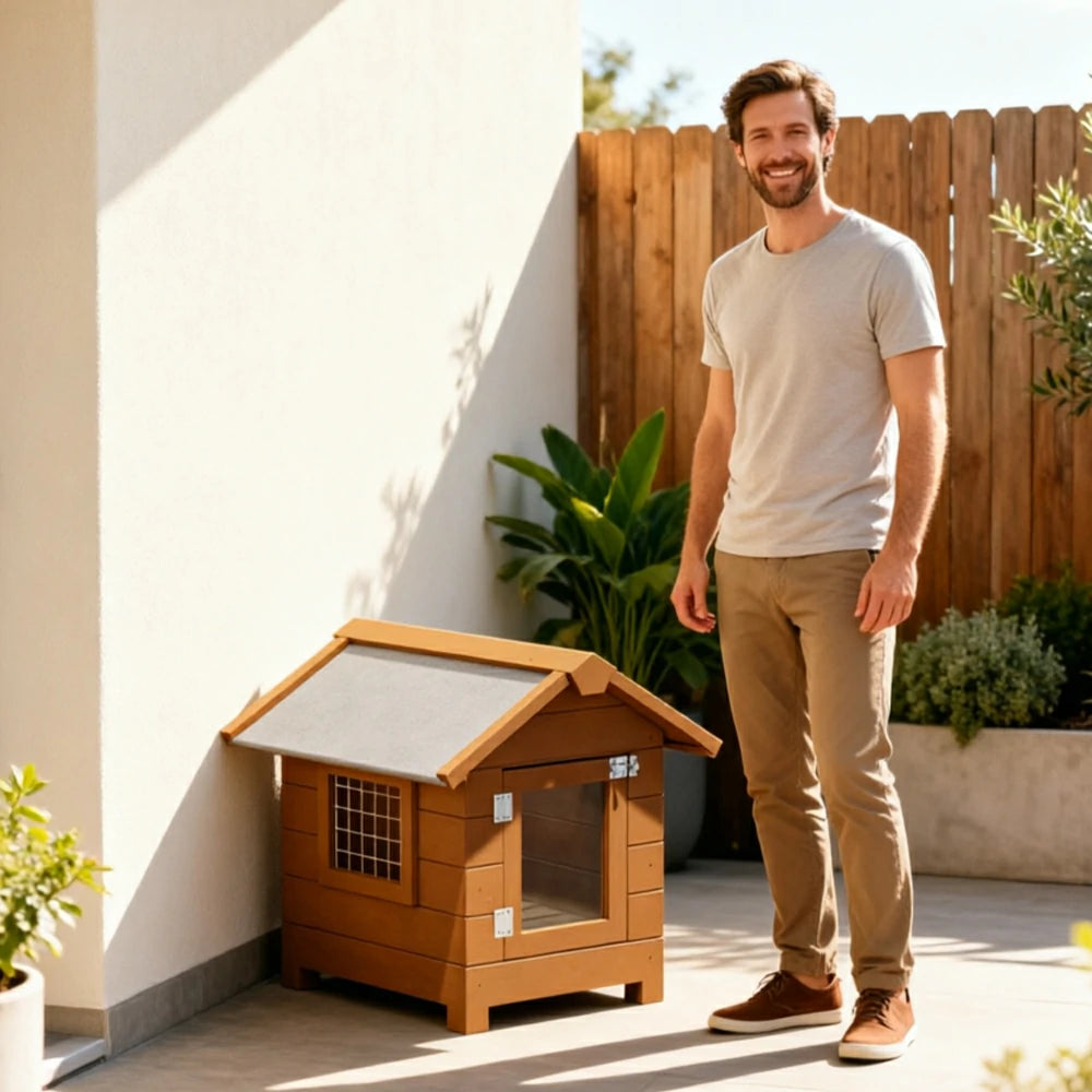 PAWORA Outdoor Wooden Pet House Solid Wood Waterproof Roof Elevated Base for Small Dogs Cats Garden Balcony - Coffee