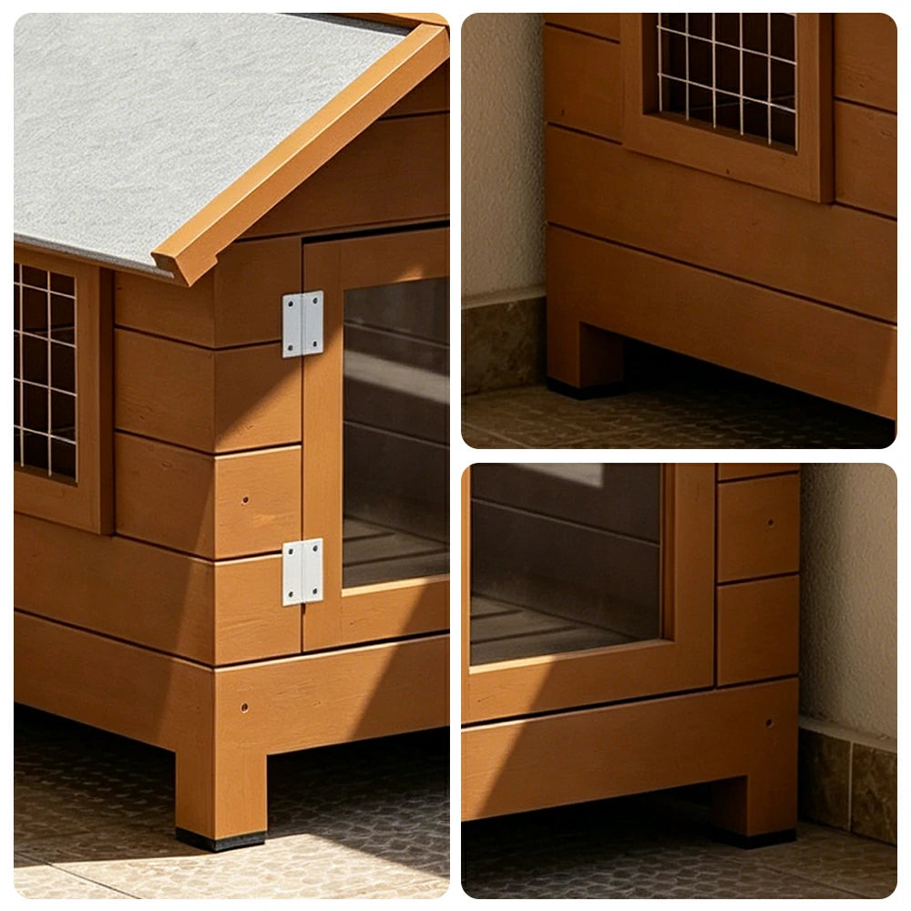 PAWORA Outdoor Wooden Pet House Solid Wood Waterproof Roof Elevated Base for Small Dogs Cats Garden Balcony - Coffee