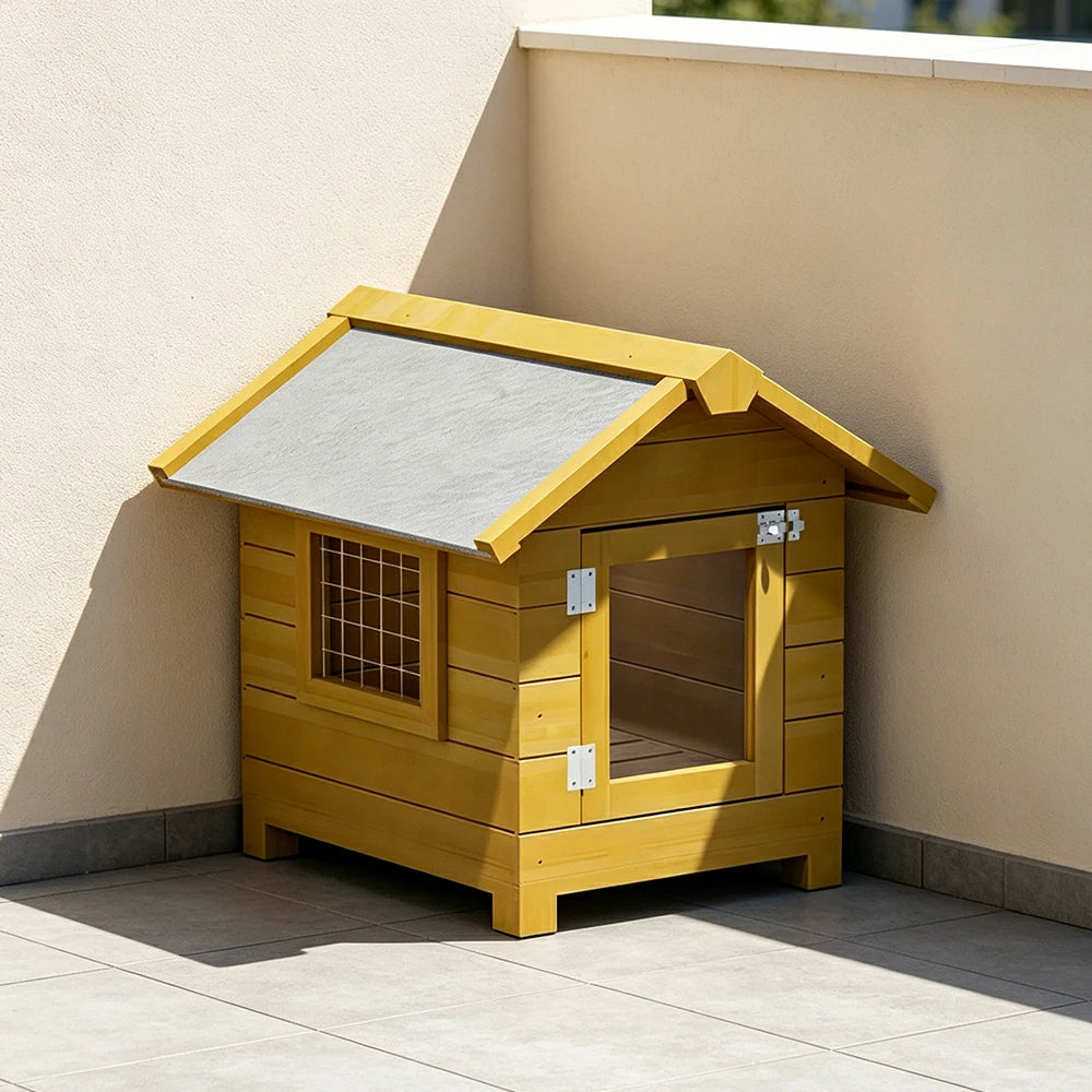 PAWORA Outdoor Wooden Pet House Solid Wood Waterproof Roof Elevated Base for Small Dogs Cats Garden Balcony - Yellow