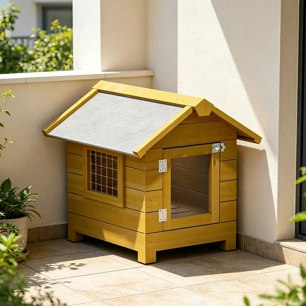 PAWORA Outdoor Wooden Pet House Solid Wood Waterproof Roof Elevated Base for Small Dogs Cats Garden Balcony - Yellow