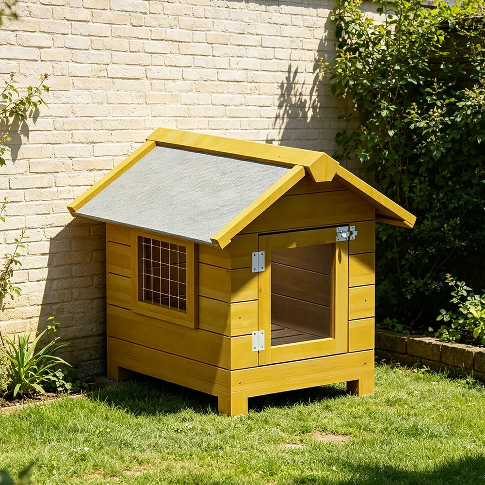 PAWORA Outdoor Wooden Pet House Solid Wood Waterproof Roof Elevated Base for Small Dogs Cats Garden Balcony - Yellow