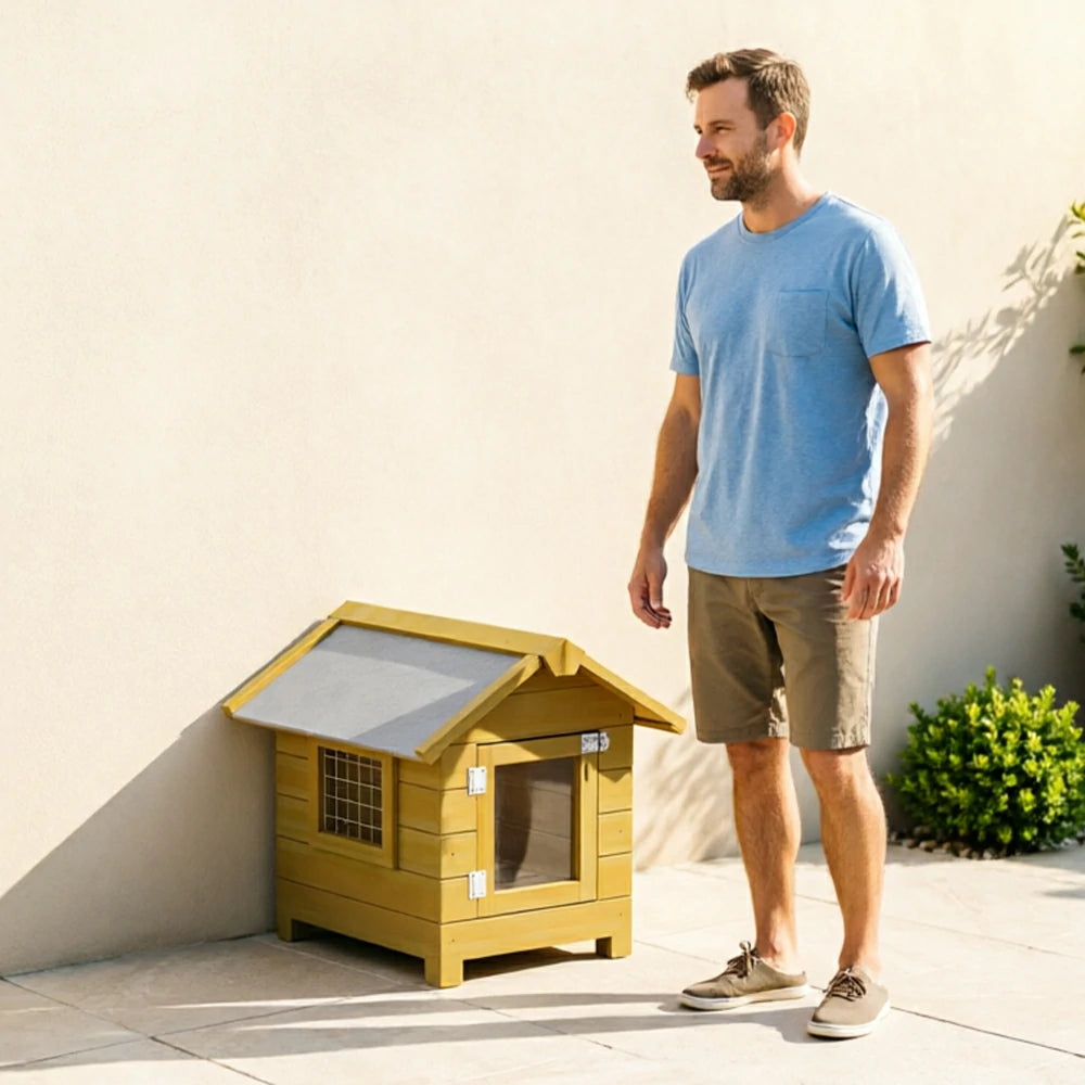 PAWORA Outdoor Wooden Pet House Solid Wood Waterproof Roof Elevated Base for Small Dogs Cats Garden Balcony - Yellow