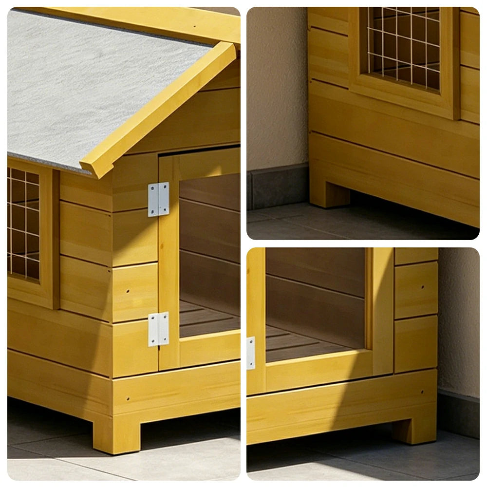 PAWORA Outdoor Wooden Pet House Solid Wood Waterproof Roof Elevated Base for Small Dogs Cats Garden Balcony - Yellow