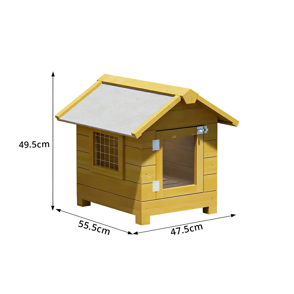 PAWORA Outdoor Wooden Pet House Solid Wood Waterproof Roof Elevated Base for Small Dogs Cats Garden Balcony - Yellow
