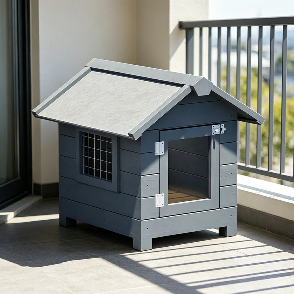 PAWORA Outdoor Wooden Pet House Solid Wood Waterproof Roof Elevated Base for Small Dogs Cats Garden Balcony - Grey