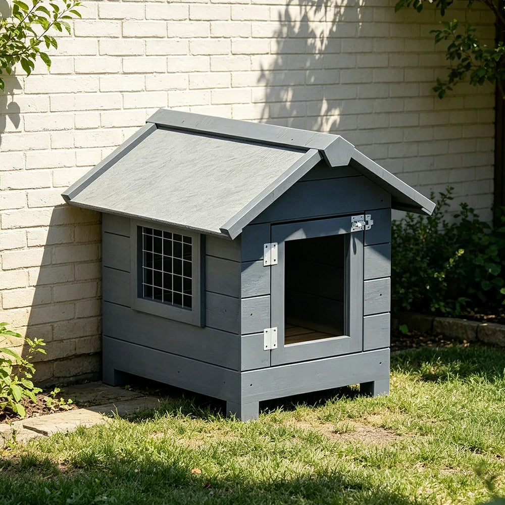 PAWORA Outdoor Wooden Pet House Solid Wood Waterproof Roof Elevated Base for Small Dogs Cats Garden Balcony - Grey