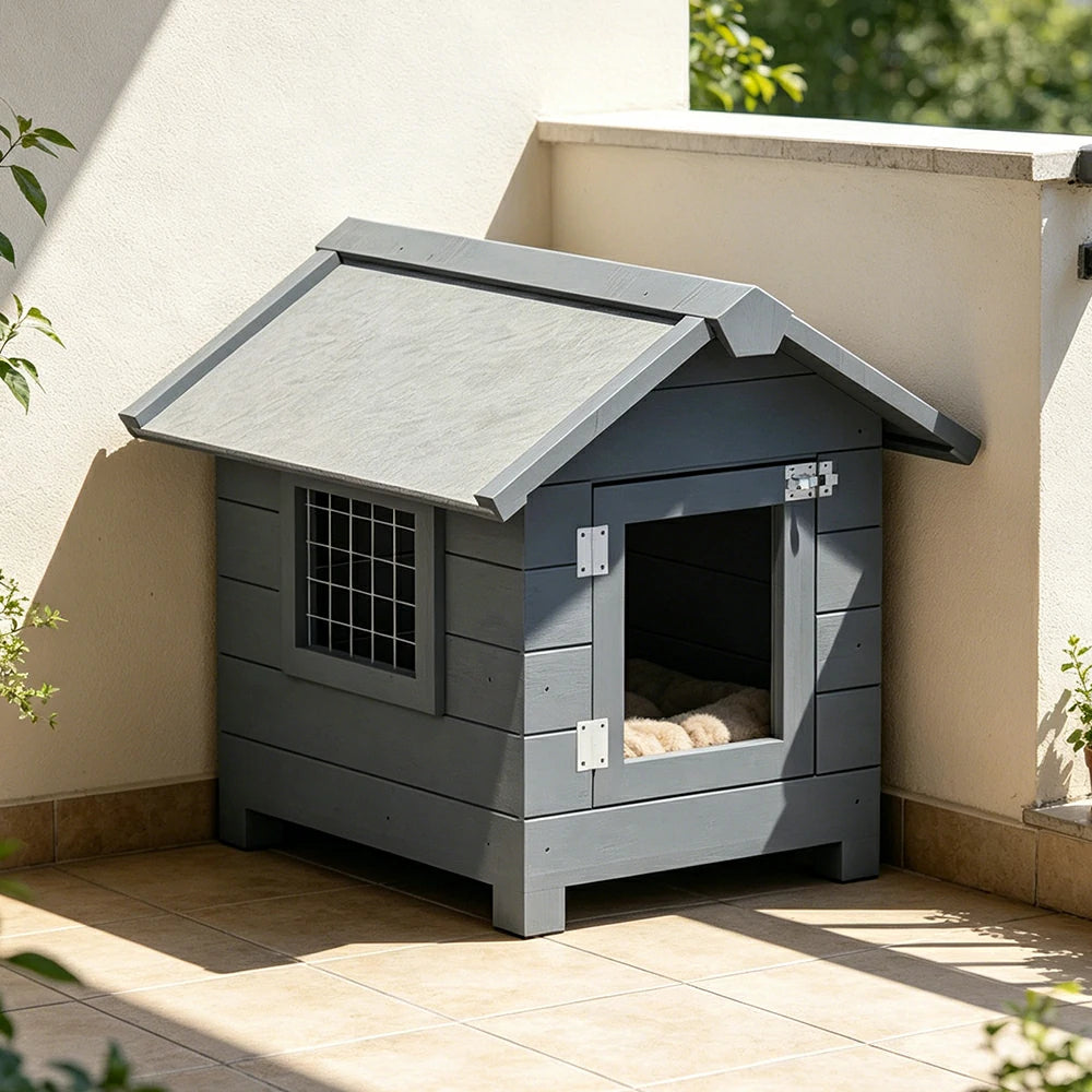 PAWORA Outdoor Wooden Pet House Solid Wood Waterproof Roof Elevated Base for Small Dogs Cats Garden Balcony - Grey