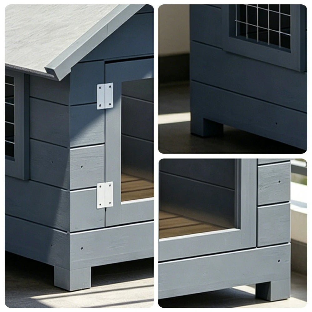 PAWORA Outdoor Wooden Pet House Solid Wood Waterproof Roof Elevated Base for Small Dogs Cats Garden Balcony - Grey
