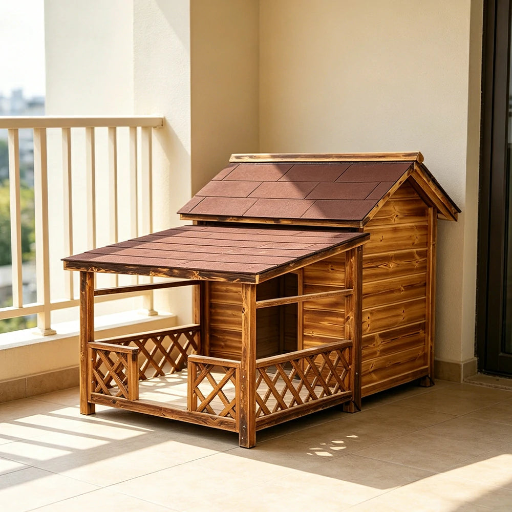 PAWORA Outdoor Wooden Dog House Carbonized Wood Double Asphalt Roof for Small Medium Pets Garden Patio - Walnut