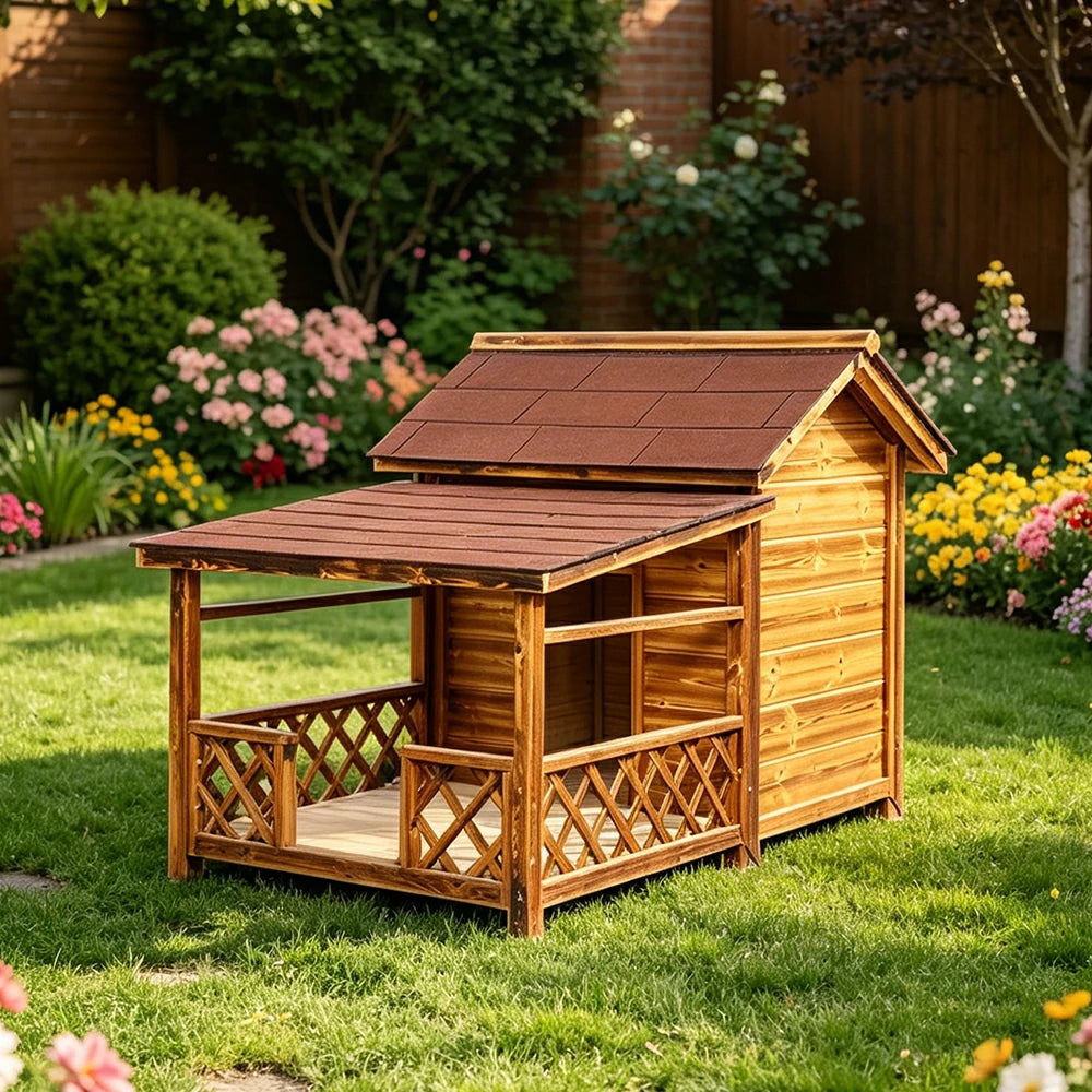 PAWORA Outdoor Wooden Dog House Carbonized Wood Double Asphalt Roof for Small Medium Pets Garden Patio - Walnut