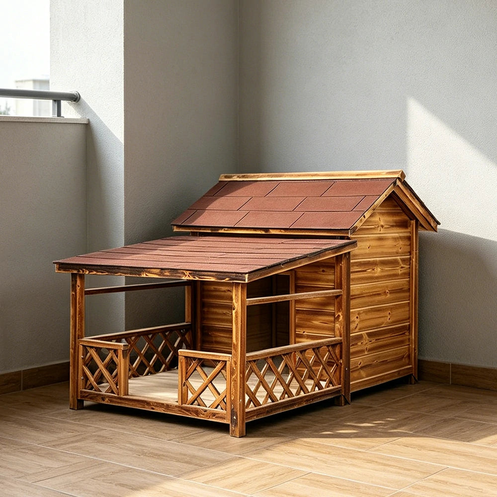 PAWORA Outdoor Wooden Dog House Carbonized Wood Double Asphalt Roof for Small Medium Pets Garden Patio - Walnut