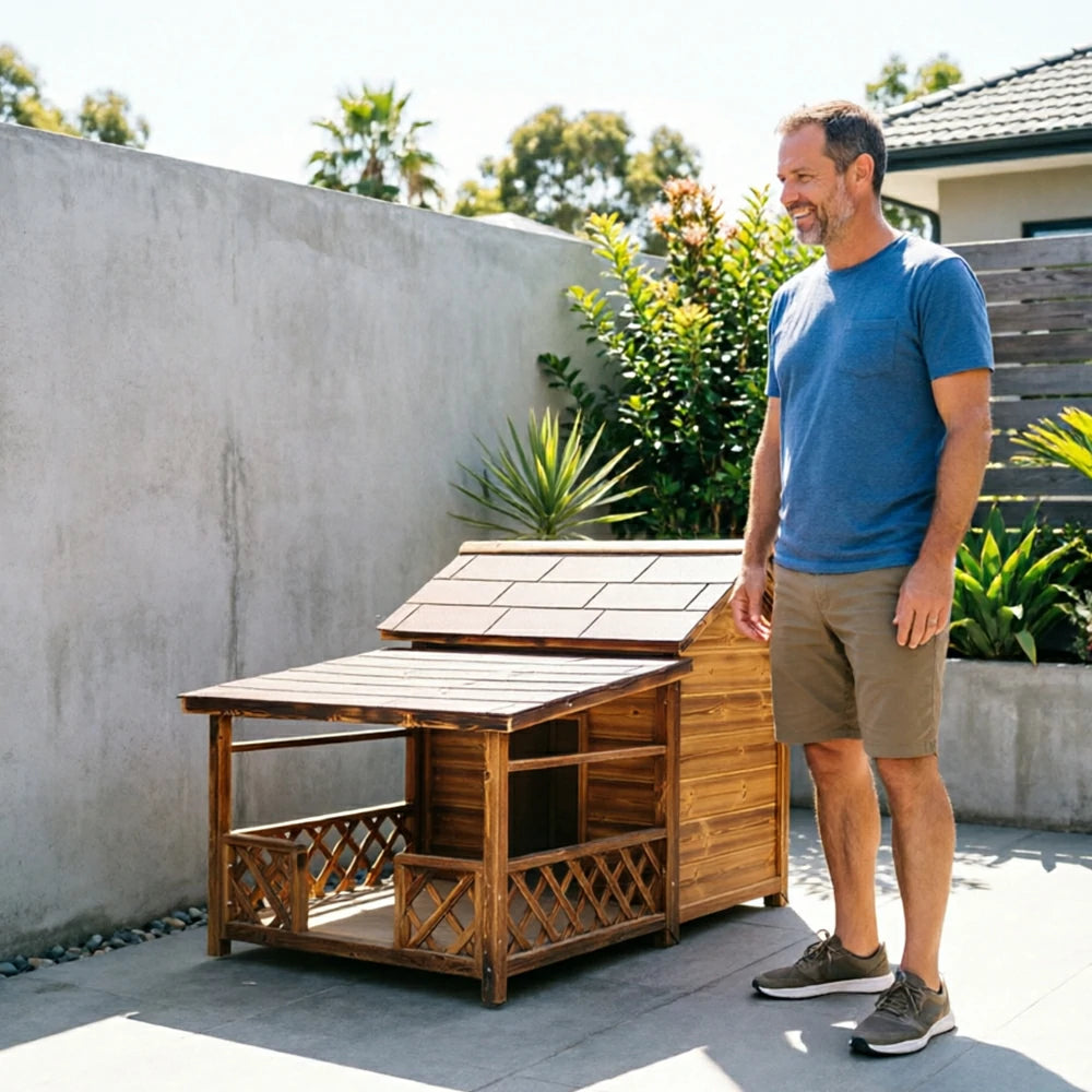 PAWORA Outdoor Wooden Dog House Carbonized Wood Double Asphalt Roof for Small Medium Pets Garden Patio - Walnut