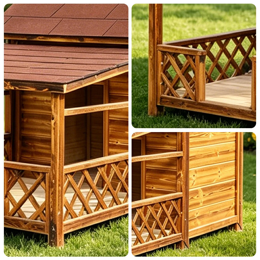 PAWORA Outdoor Wooden Dog House Carbonized Wood Double Asphalt Roof for Small Medium Pets Garden Patio - Walnut