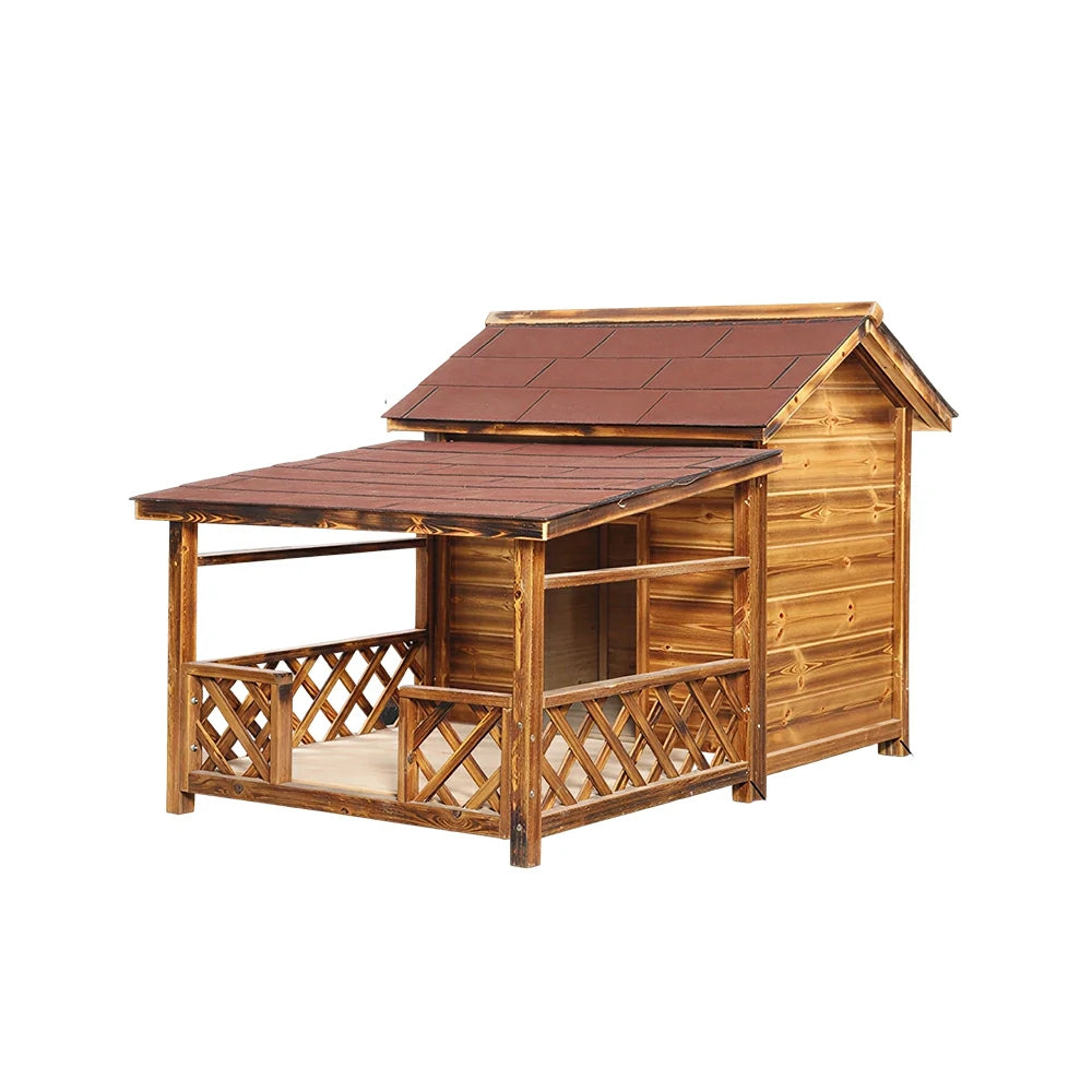 PAWORA Outdoor Wooden Dog House Carbonized Wood Double Asphalt Roof for Small Medium Pets Garden Patio - Walnut